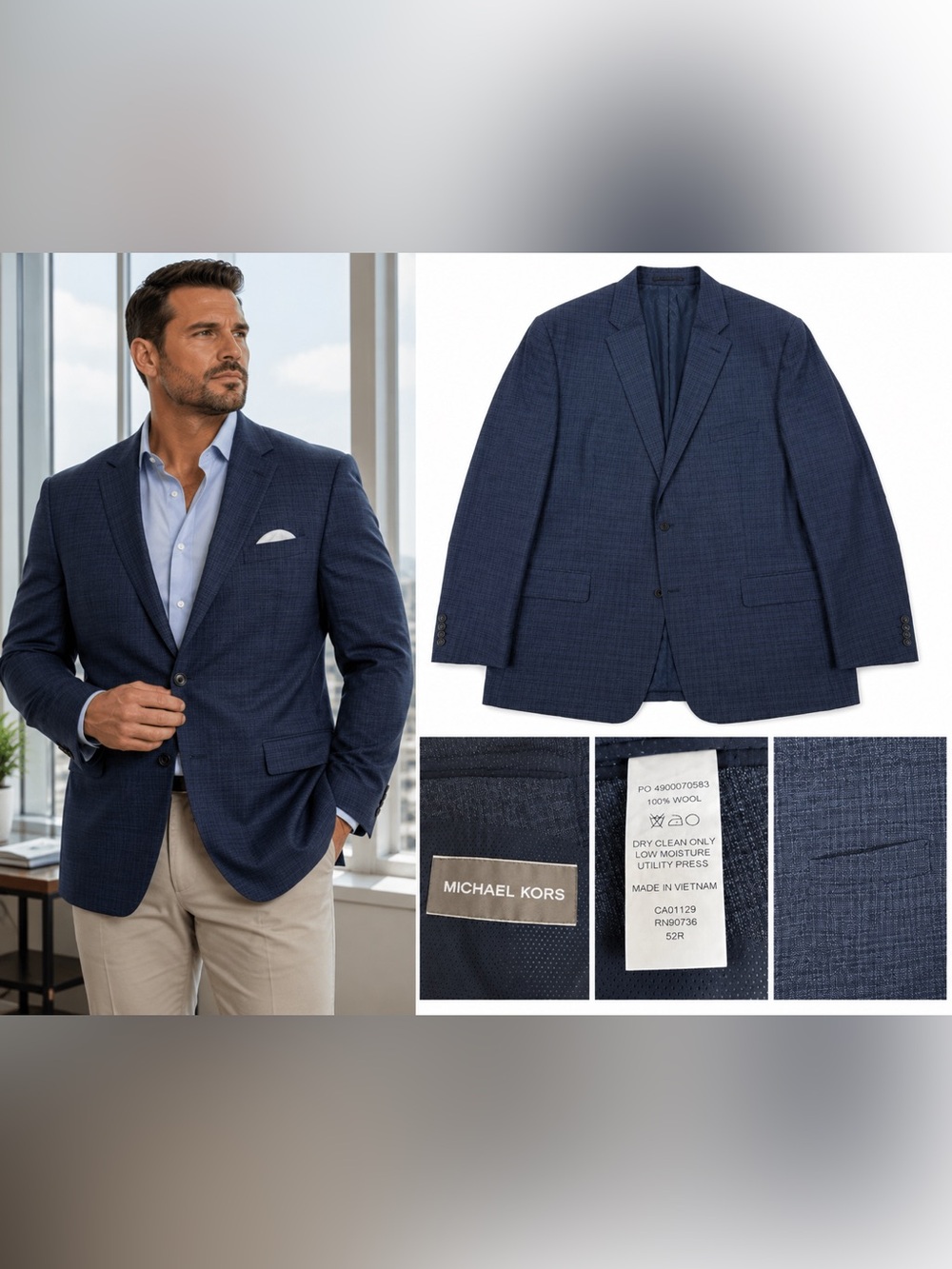 Michael Kors 52R 100% Wool Navy Sport Coat Blazer Textured 2 Button